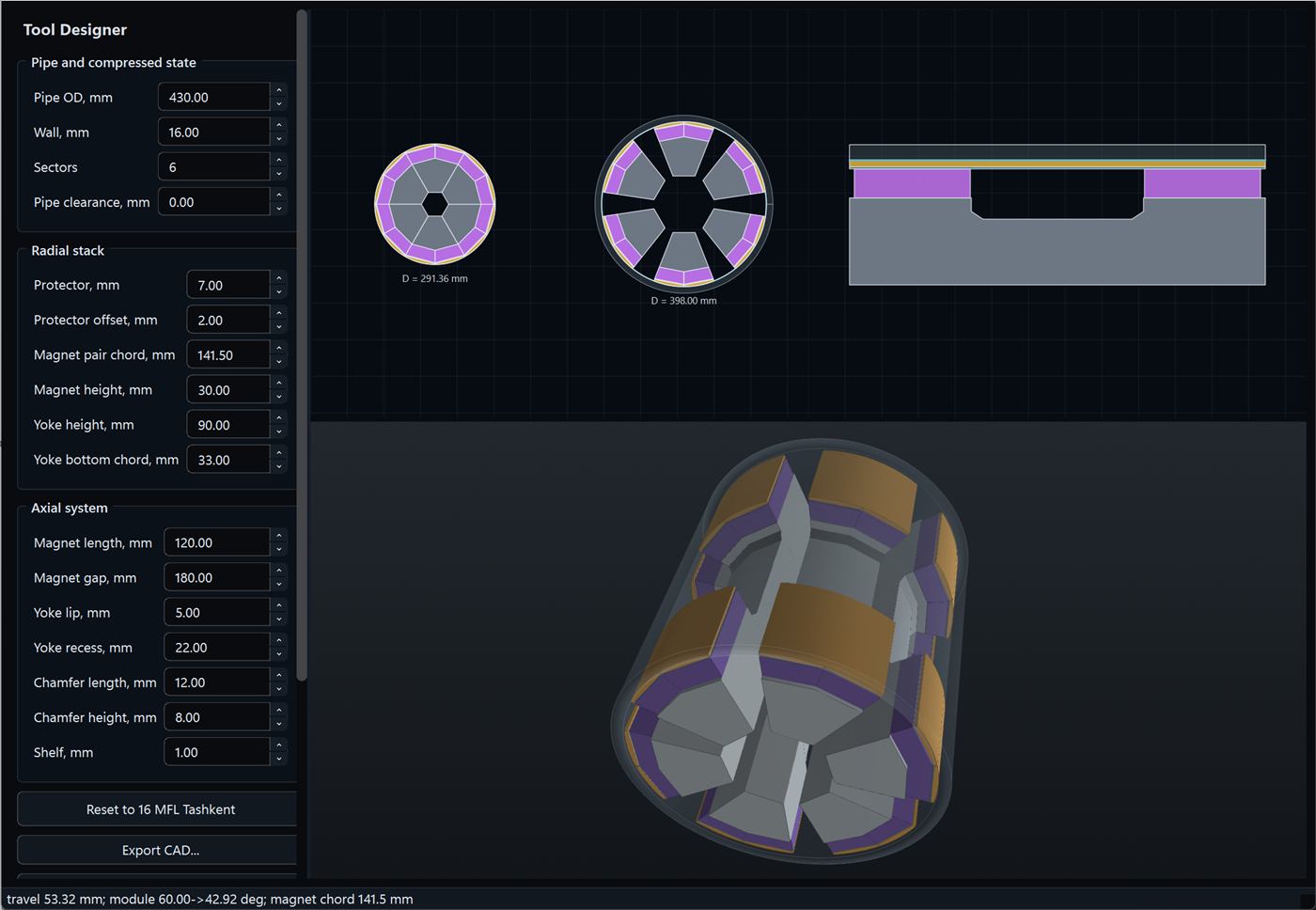 MFL tool designer with pipe cross-section, magnet stack, and 3D inspection tool geometry