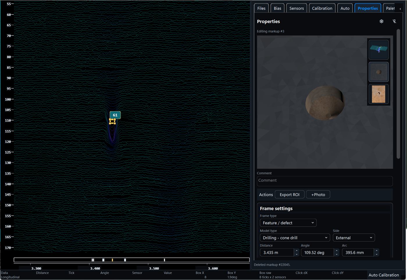 MFL signal calibration view with selected indication and 3D feature model